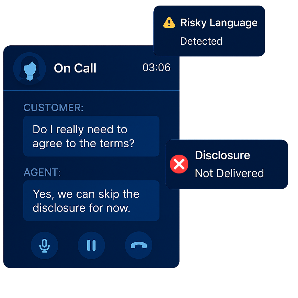 Contact center compliance dashboard detecting risky language